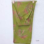 Olive green silk blend 2-piece kurti set with pink and beige leaf print, short sleeve A-line kurti and matching straight pant.