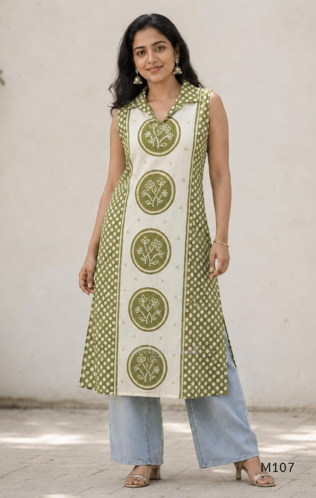 Olive green and ivory silk blend long kurta with botanical medallion centre print, small ring-pattern side panels and shirt collar.