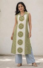 Olive green and ivory silk blend long kurta with botanical medallion centre print, small ring-pattern side panels and shirt collar.