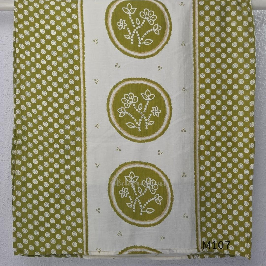 Olive green and ivory silk blend long kurta with botanical medallion centre print, small ring-pattern side panels and shirt collar.