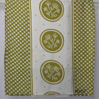 Olive green and ivory silk blend long kurta with botanical medallion centre print, small ring-pattern side panels and shirt collar.