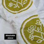 Olive green and ivory silk blend long kurta with botanical medallion centre print, small ring-pattern side panels and shirt collar.