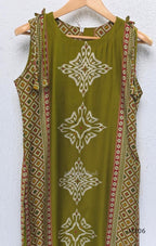 Olive green vertigan silk 2-piece set with straight kurta, white motif work, printed border panels and matching bottom.