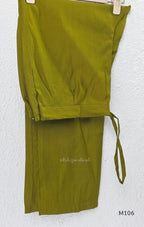 Olive green vertigan silk 2-piece set with straight kurta, white motif work, printed border panels and matching bottom.