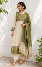 Olive green and ivory tissue blend churidar set with gold woven borders, scattered motifs, straight bottom and matching dupatta.
