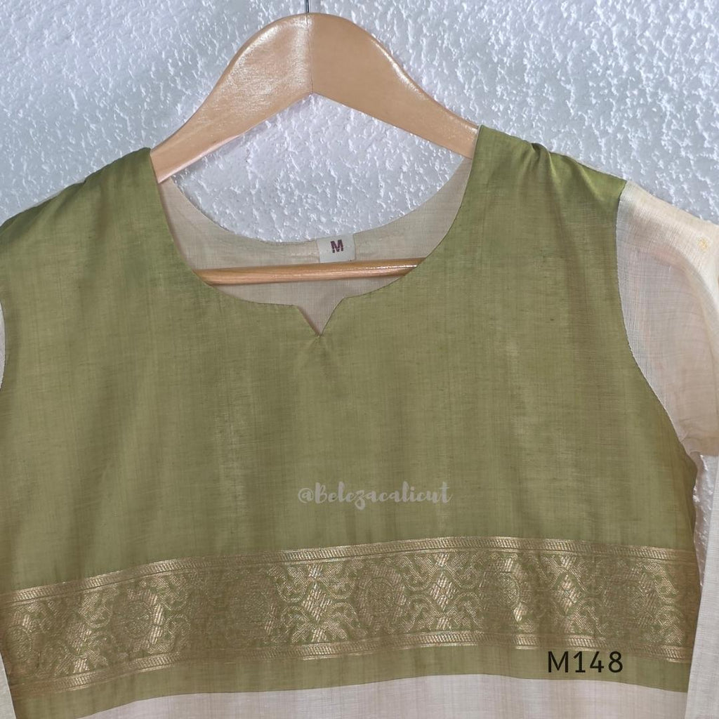 Olive green and ivory tissue blend churidar set with gold woven borders, scattered motifs, straight bottom and matching dupatta.
