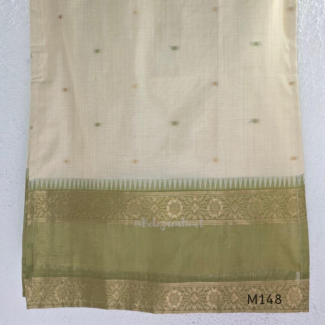 Olive green and ivory tissue blend churidar set with gold woven borders, scattered motifs, straight bottom and matching dupatta.