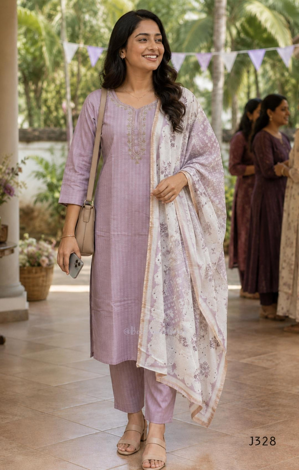 Onion mauve cotton churidar set Kerala with checked kurti, beadwork neckline, matching bottom, and cream floral printed dupatta with beige border.