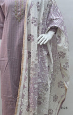 Onion mauve cotton churidar set Kerala with checked kurti, beadwork neckline, matching bottom, and cream floral printed dupatta with beige border.