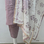 Onion mauve cotton churidar set Kerala with checked kurti, beadwork neckline, matching bottom, and cream floral printed dupatta with beige border.
