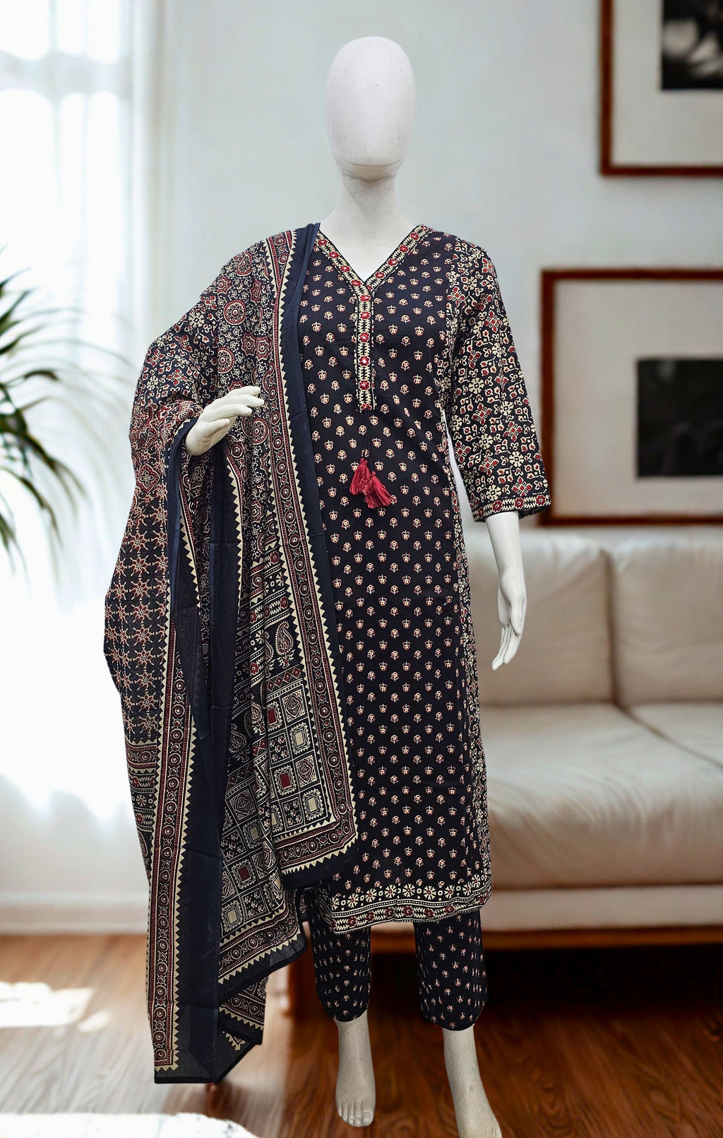 Black Ajrakh Print Cotton Kurta Set with Dupatta