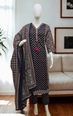 Black Ajrakh Print Cotton Kurta Set with Dupatta