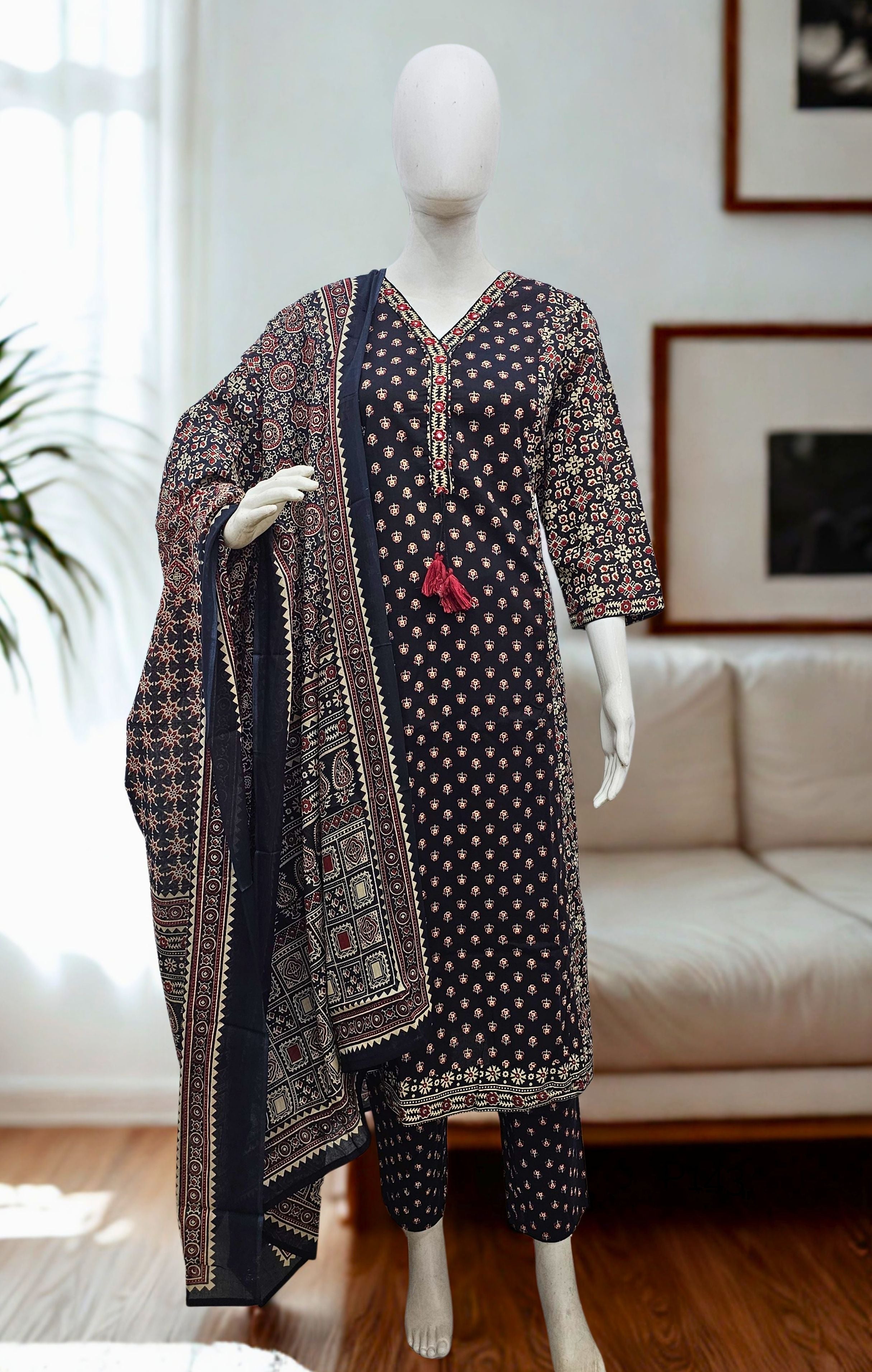 Black Ajrakh Print Cotton Kurta Set with Dupatta