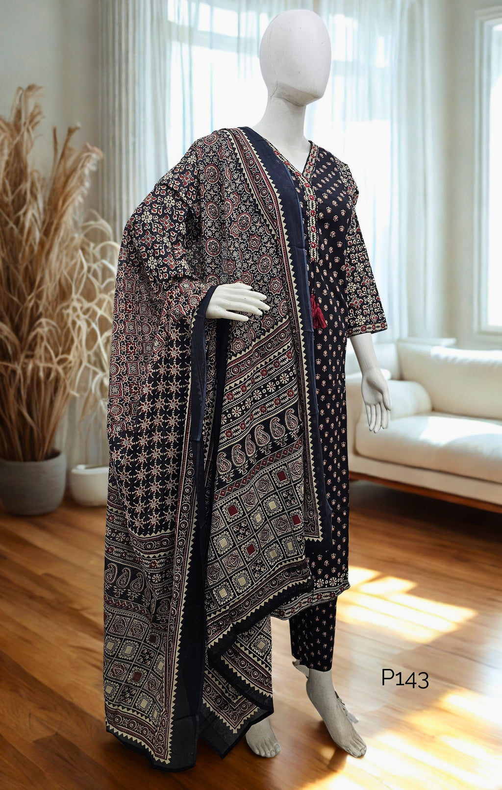 Black Ajrakh Print Cotton Kurta Set with Dupatta