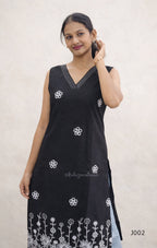 Black Cotton Embroidered Straight Kurti