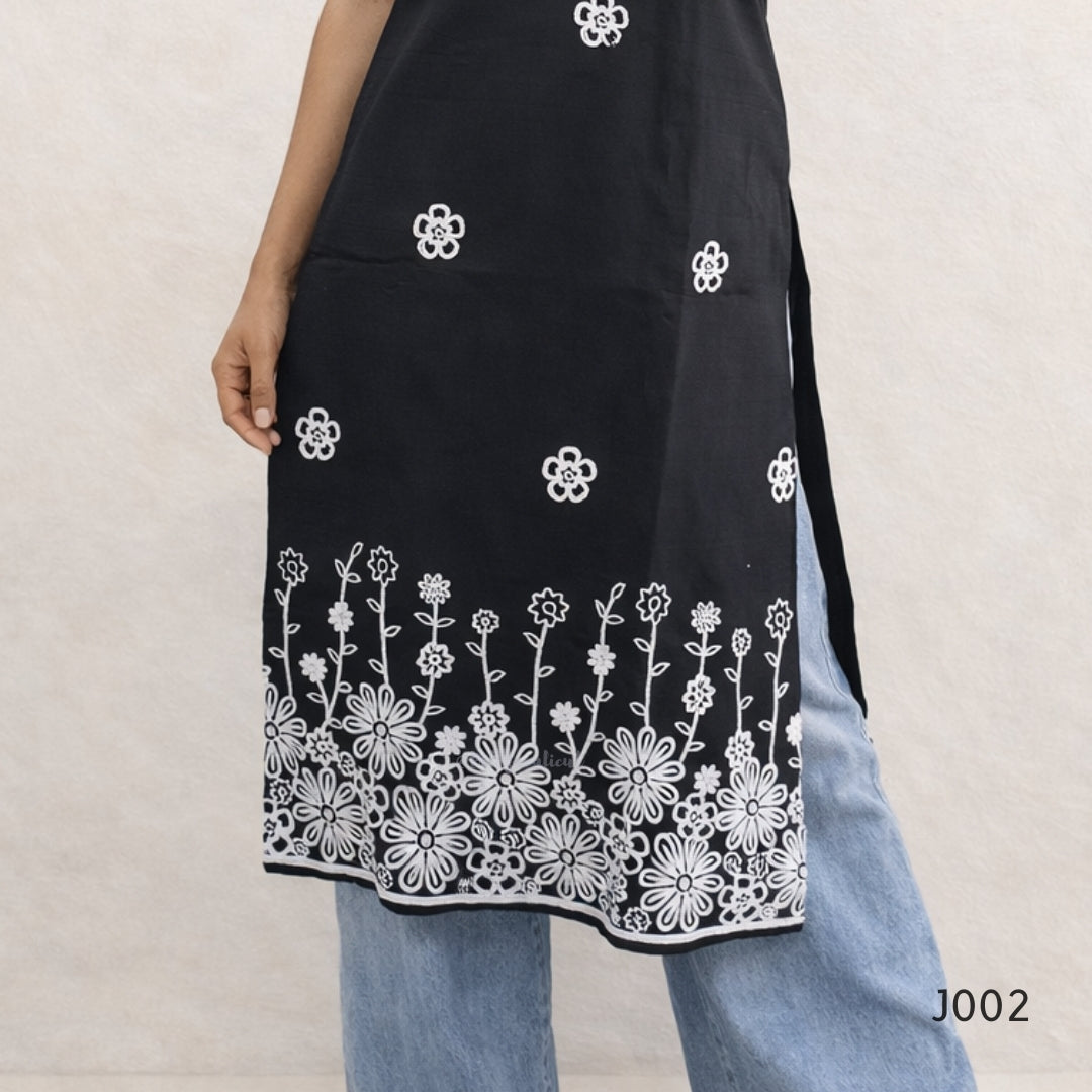 Black Cotton Embroidered Straight Kurti