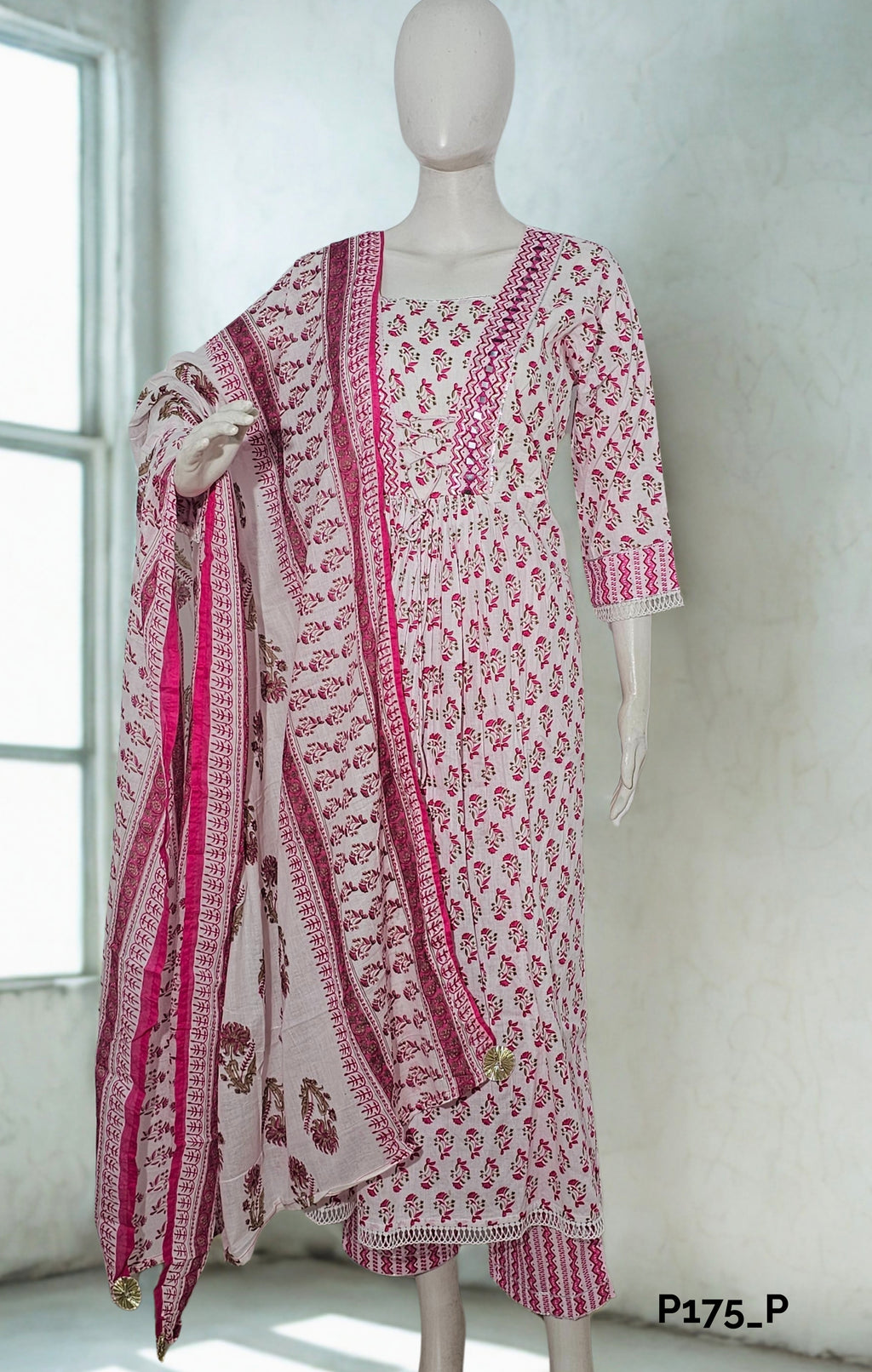 White & Pink Block Print Cotton Suit Set