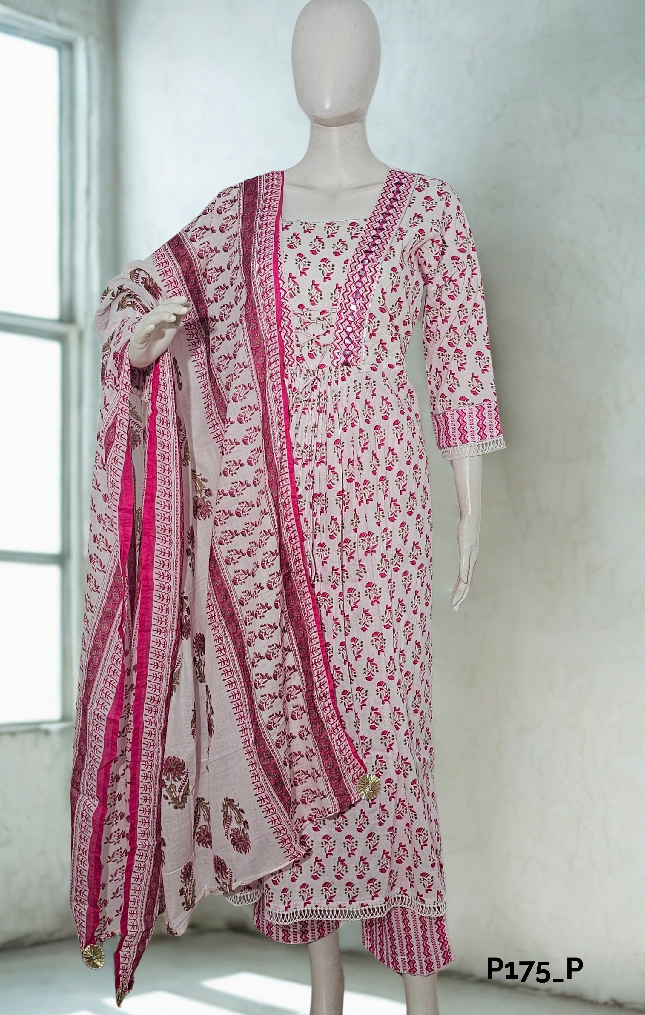 White & Pink Block Print Cotton Suit Set
