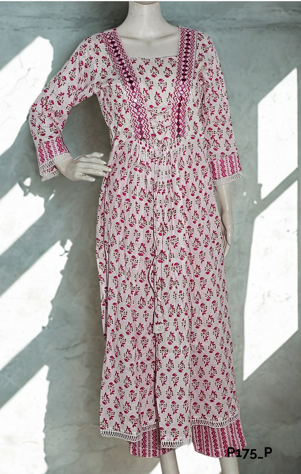 White & Pink Block Print Cotton Suit Set
