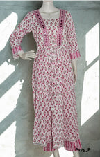 White & Pink Block Print Cotton Suit Set