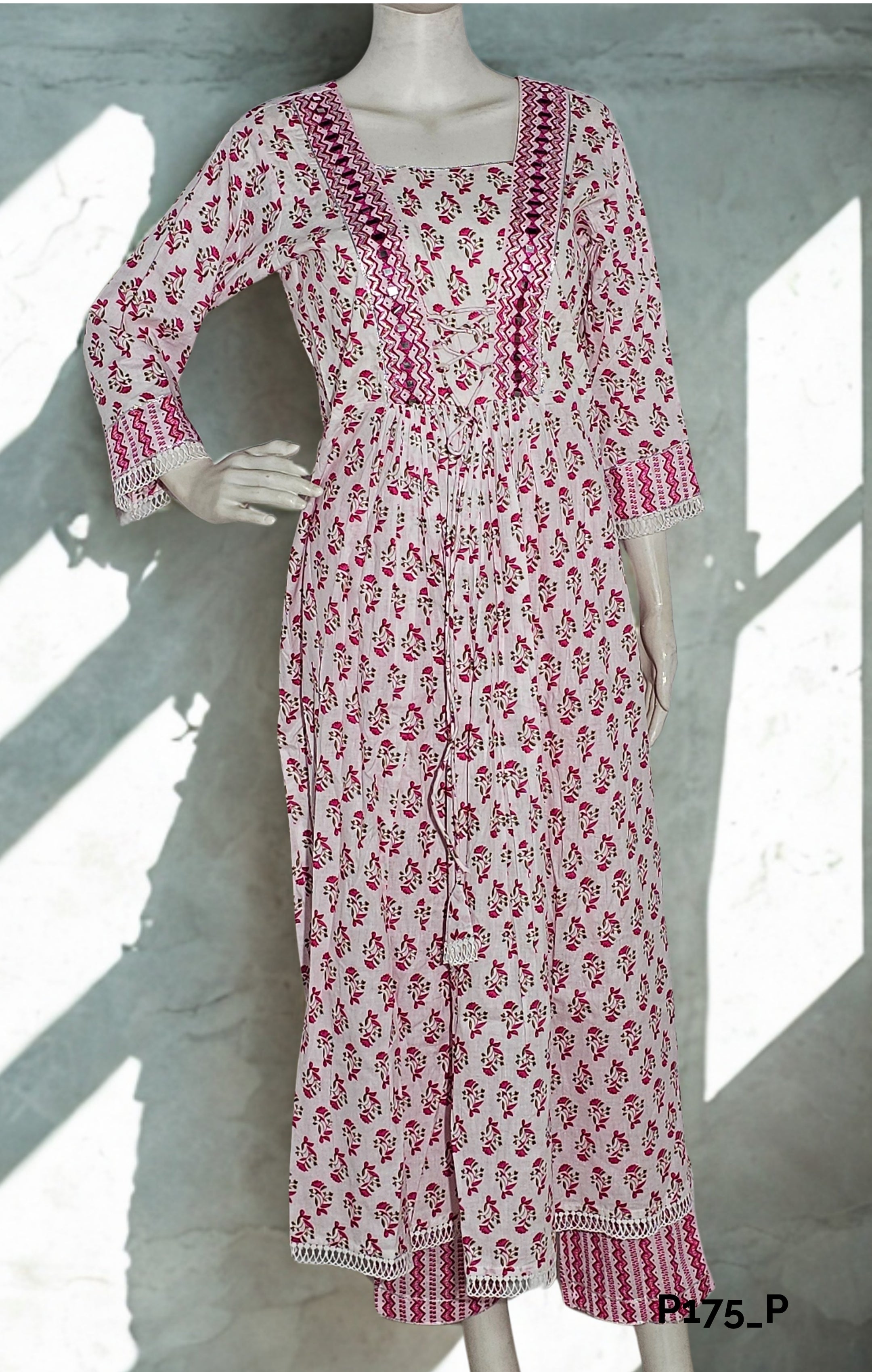 White & Pink Block Print Cotton Suit Set