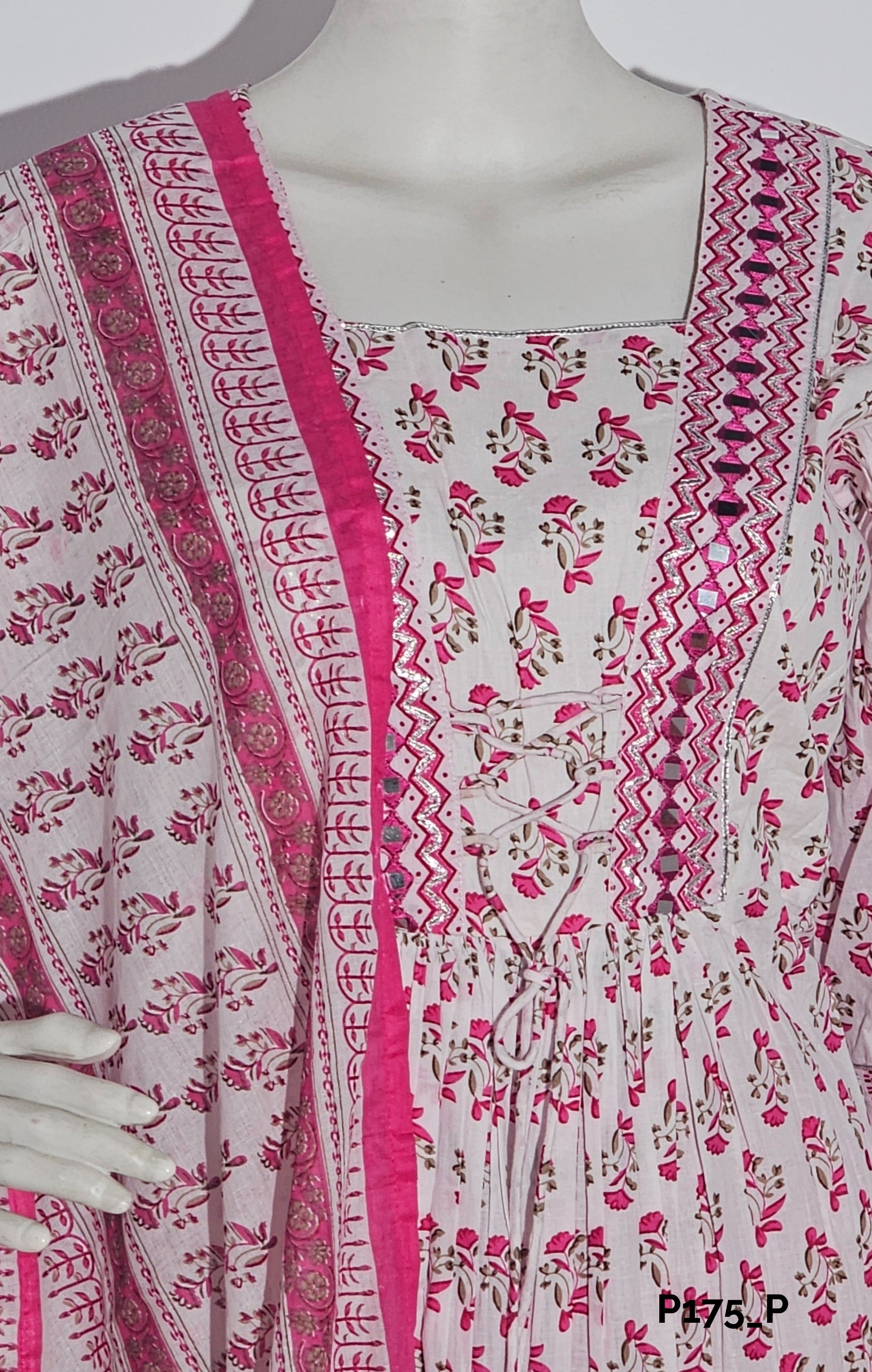 White & Pink Block Print Cotton Suit Set