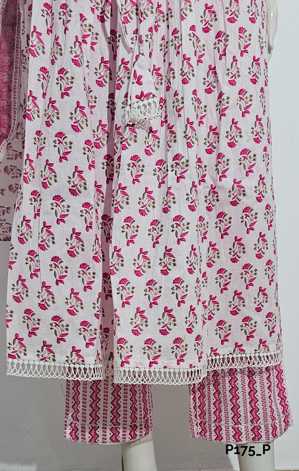 White & Pink Block Print Cotton Suit Set