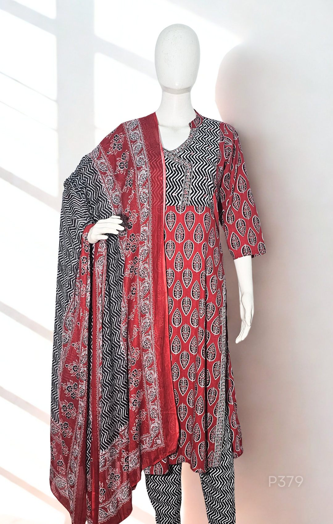 Crimson Leaf Cotton Kurta Set