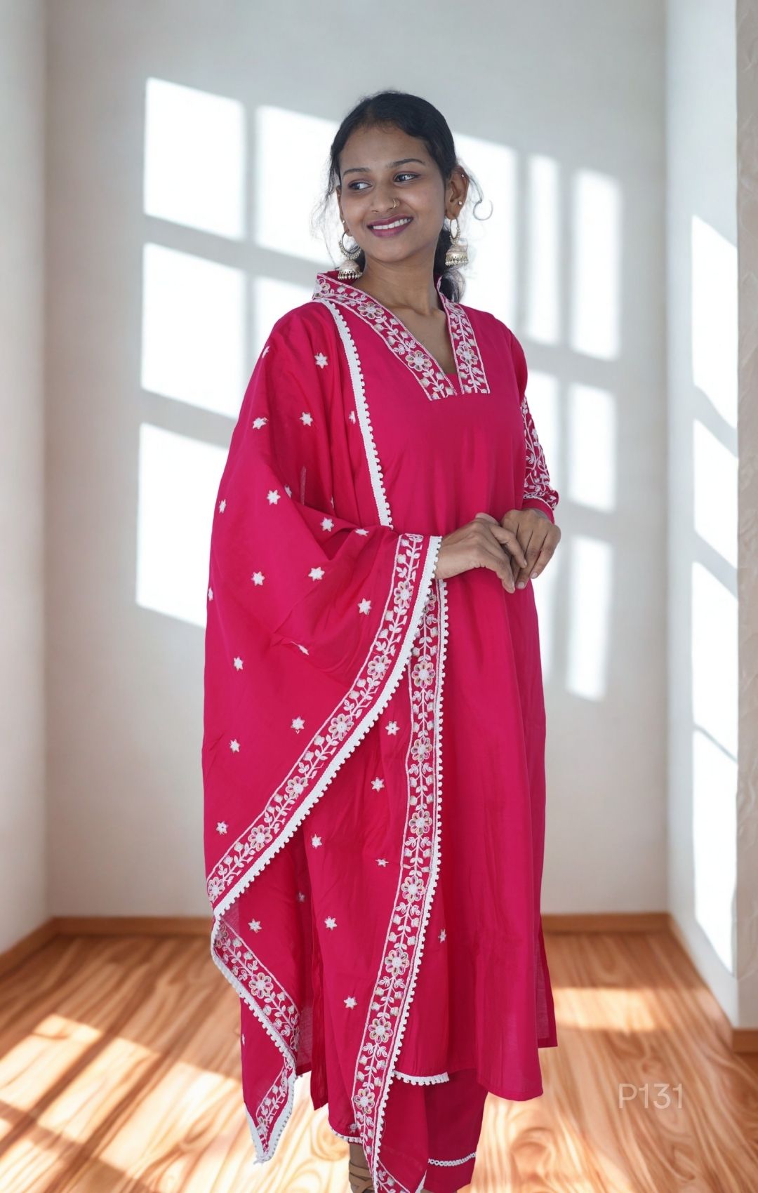 Embroidered Cotton Kurta Set with Dupatta (Magenta Pink / Teal Blue)