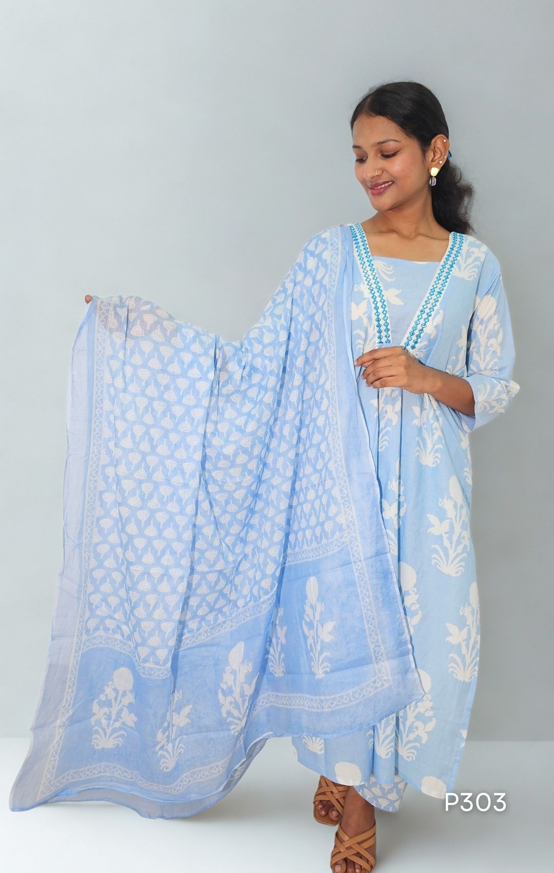 Sky Mist Block Print Kurta Set