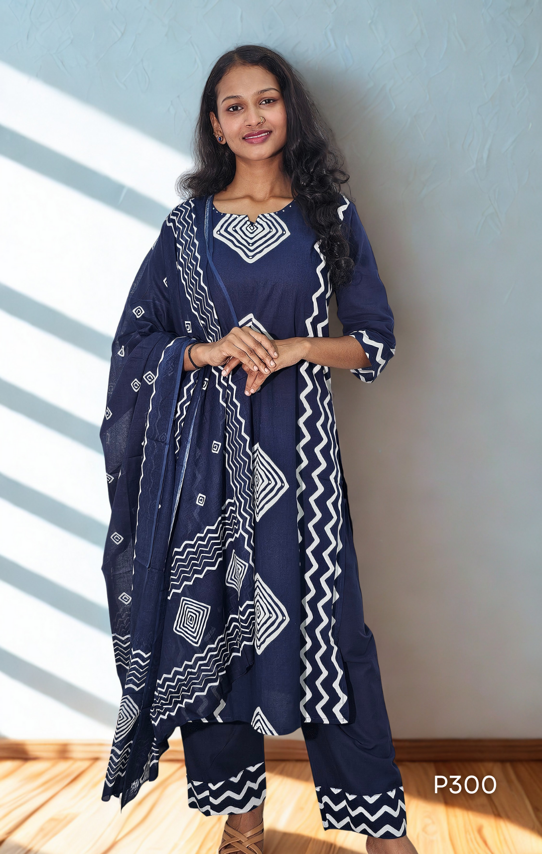 Navy Blue Geometric Printed Suit Set