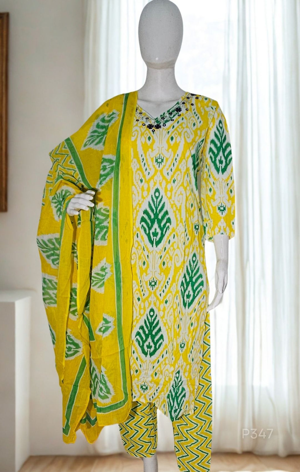 Cotton Printed Straight Kurta Set with Embroidered Neckline