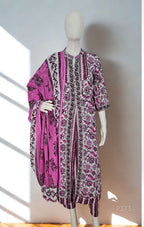 A 3-piece cotton kurta set in soft lilac and white, adorned with intricate floral block prints