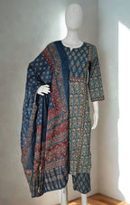 Ajrakh-Inspired Navy & Teal Cotton Kurta Set