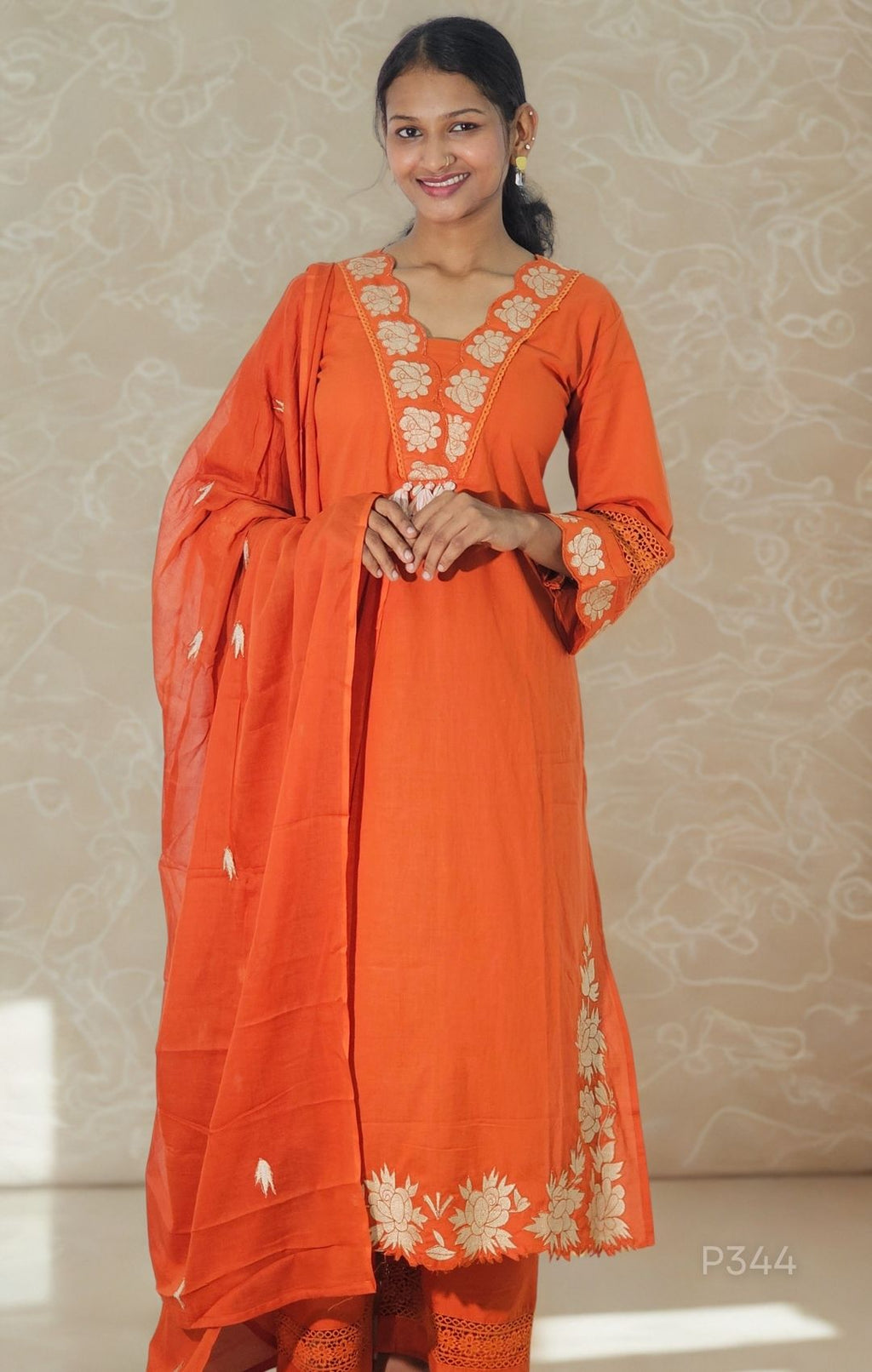 Rust Orange Embroidered Cotton Kurta Set_1