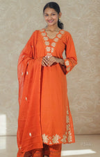 Rust Orange Embroidered Cotton Kurta Set_1
