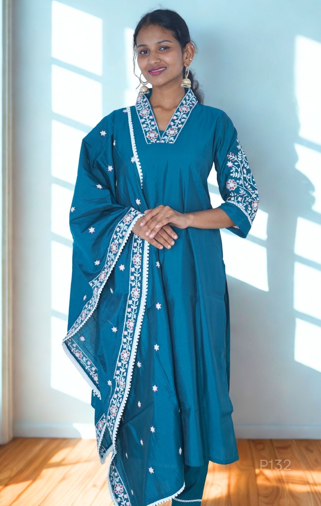 Embroidered Cotton Kurta Set with Dupatta (Magenta Pink / Teal Blue)