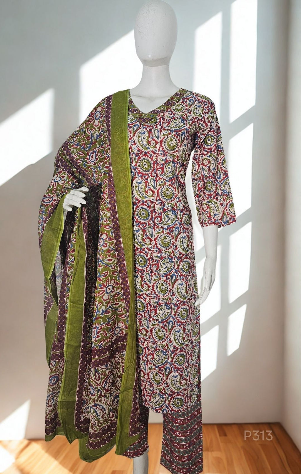 Olive Maroon Paisley Cotton Kurta Set
