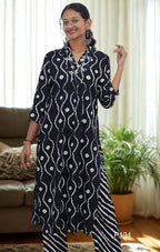 Black Tie-Dye Cotton Rayon Kurta Set