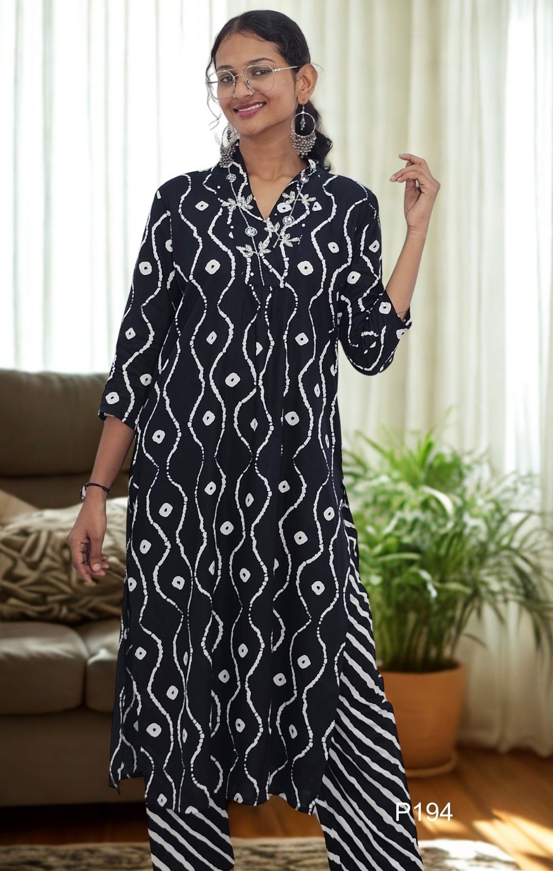 Black Tie-Dye Cotton Rayon Kurta Set