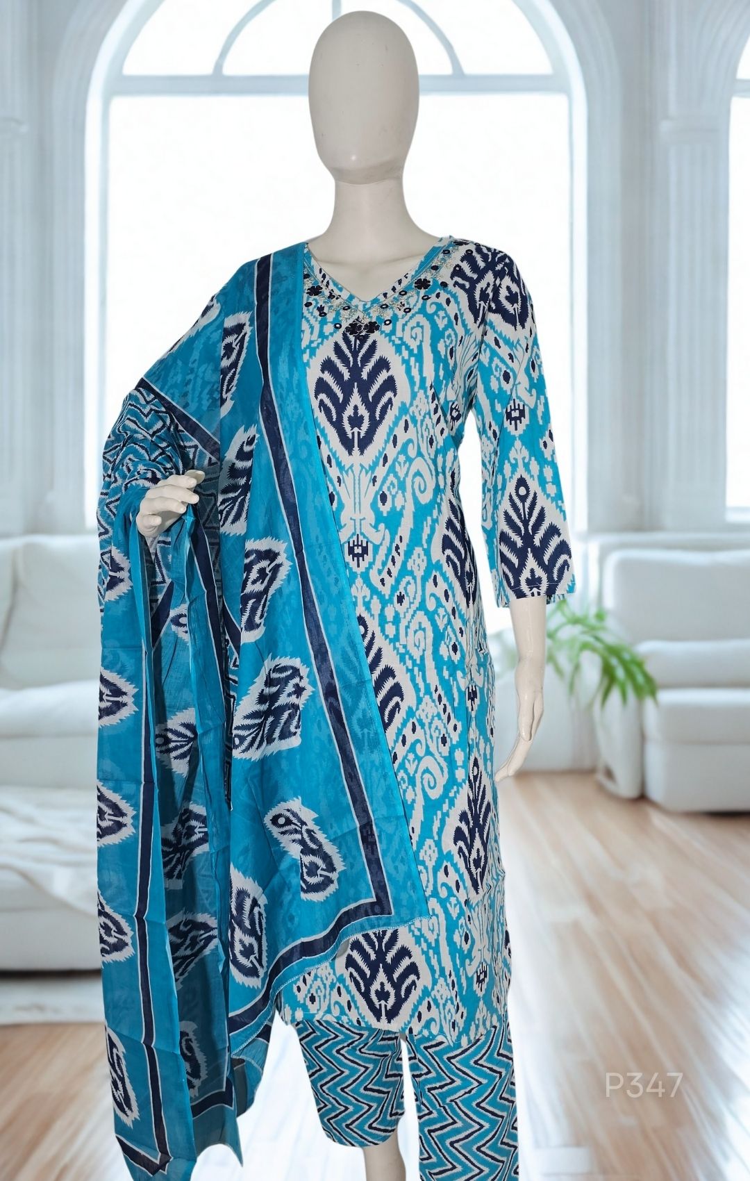 Cotton Printed Straight Kurta Set with Embroidered Neckline