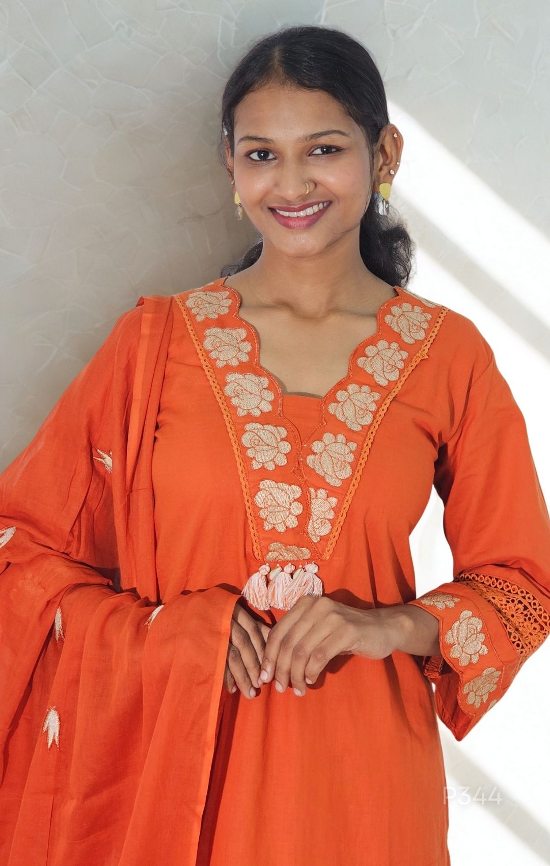 Rust Orange Embroidered Cotton Kurta Set_12