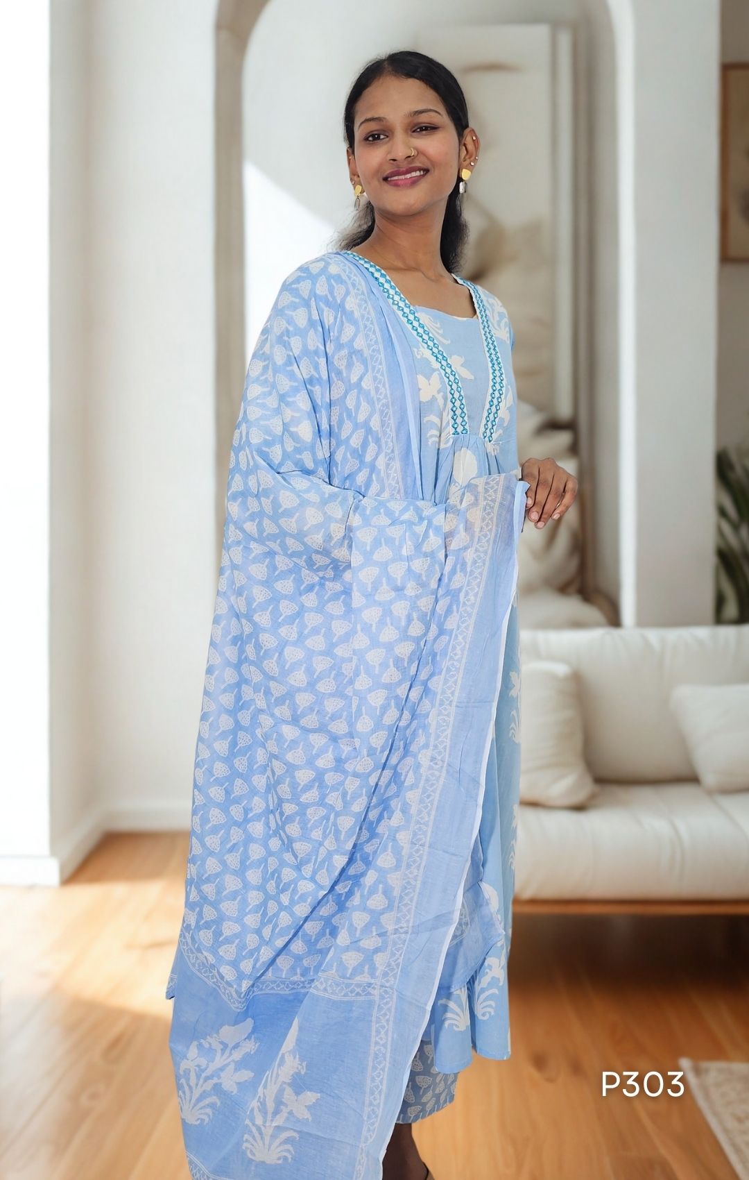 Sky Mist Block Print Kurta Set