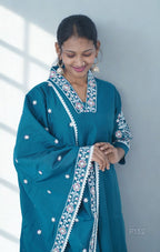 Embroidered Cotton Kurta Set with Dupatta (Magenta Pink / Teal Blue)