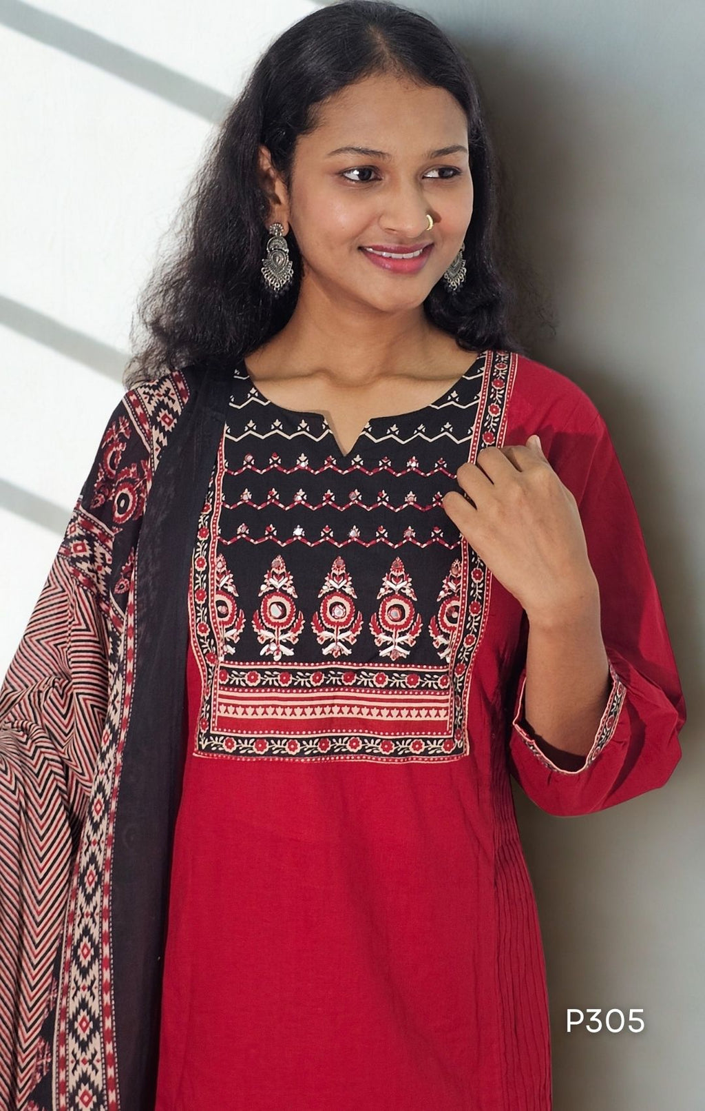 Maroon Red Cotton Kurta Set with Mulmul Dupatta | P305