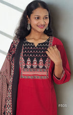 Maroon Red Cotton Kurta Set with Mulmul Dupatta | P305