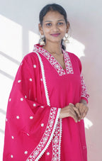 Embroidered Cotton Kurta Set with Dupatta (Magenta Pink / Teal Blue)