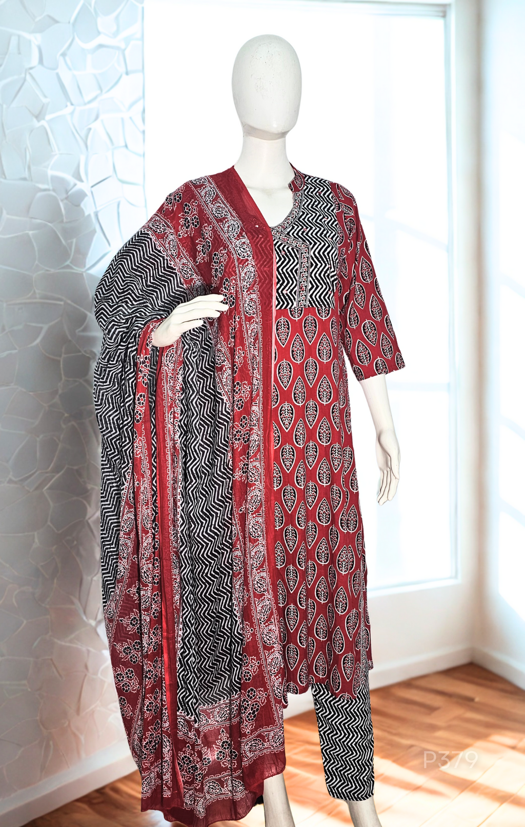Crimson Leaf Cotton Kurta Set