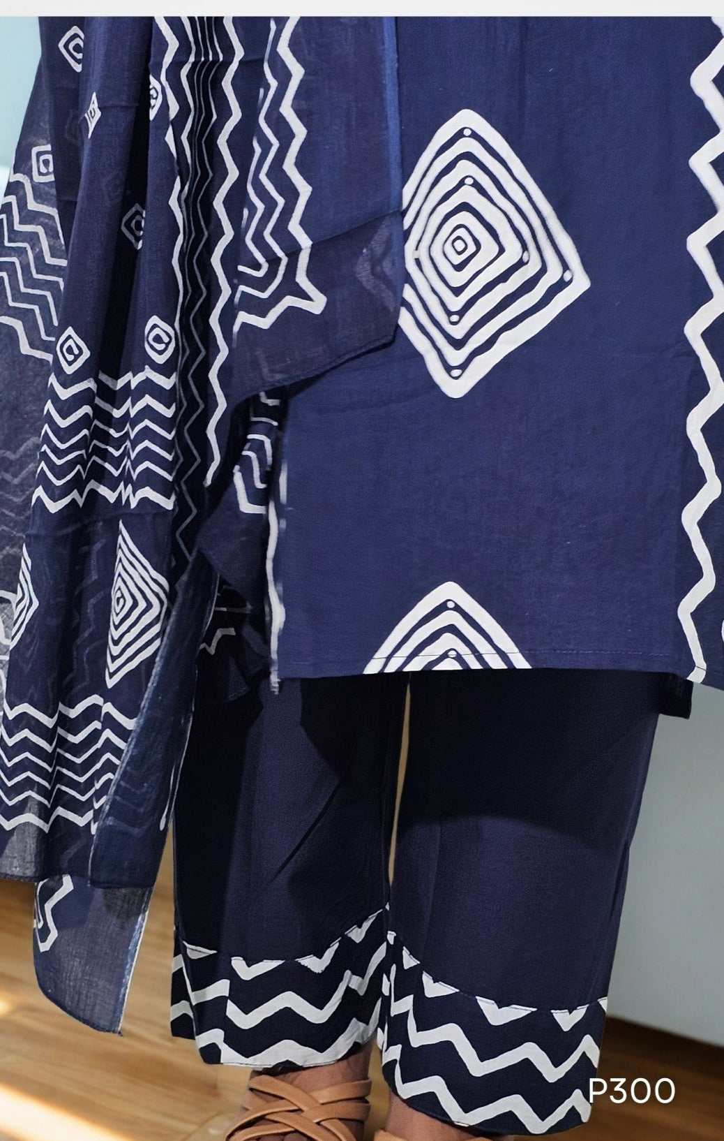 Navy Blue Geometric Printed Suit Set