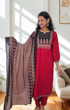 Maroon Red Cotton Kurta Set with Mulmul Dupatta | P305